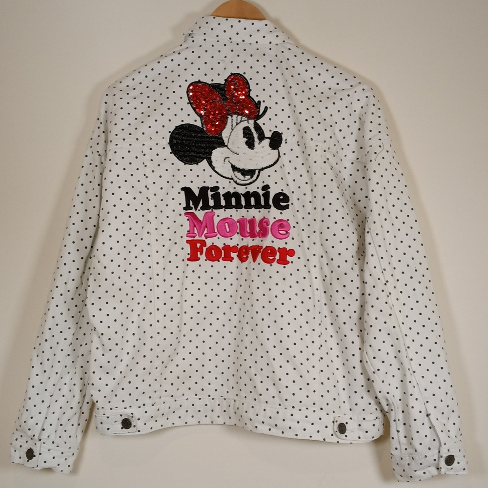 Disney Women's Cropped Polka Dot Minnie Mouse Sequin Jean Jacket